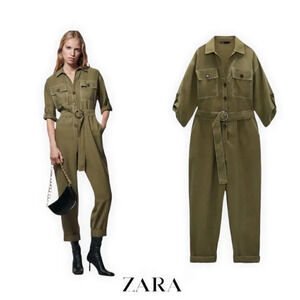 ZARA |  Khaki | JUMPSUIT WITH CONTRASTING  TOPSTITCHING